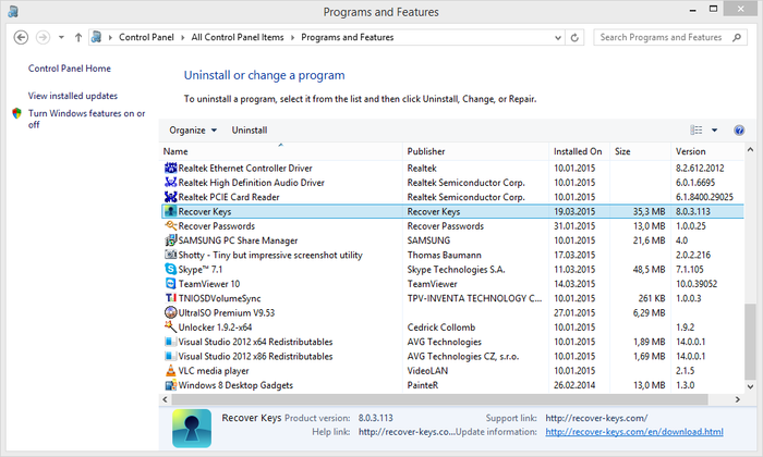 Programs and Features dialog in Windows 7