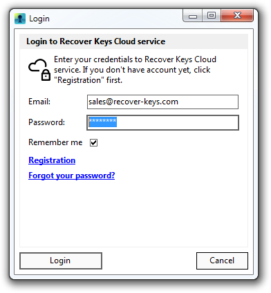 Recover Keys Cloud login dialog