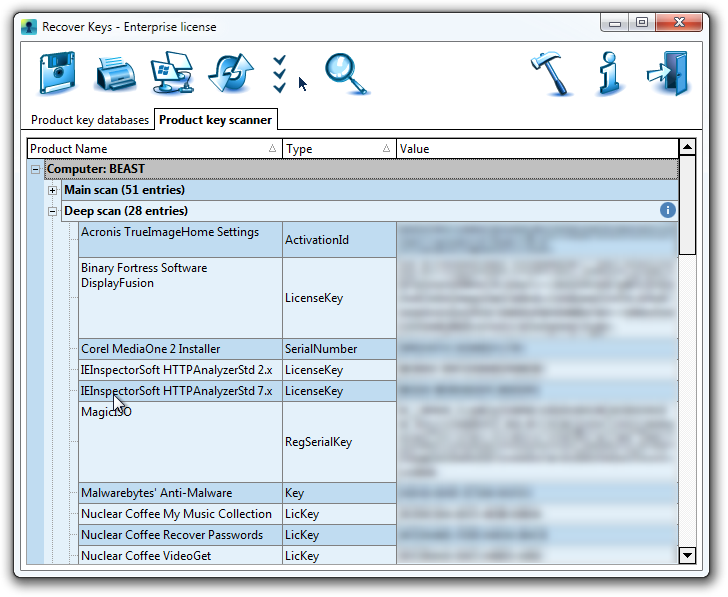 Deep scan mode in Recover Keys program