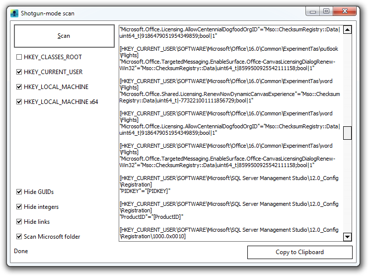 Shot-gun scan mode dialog in Recover Keys program