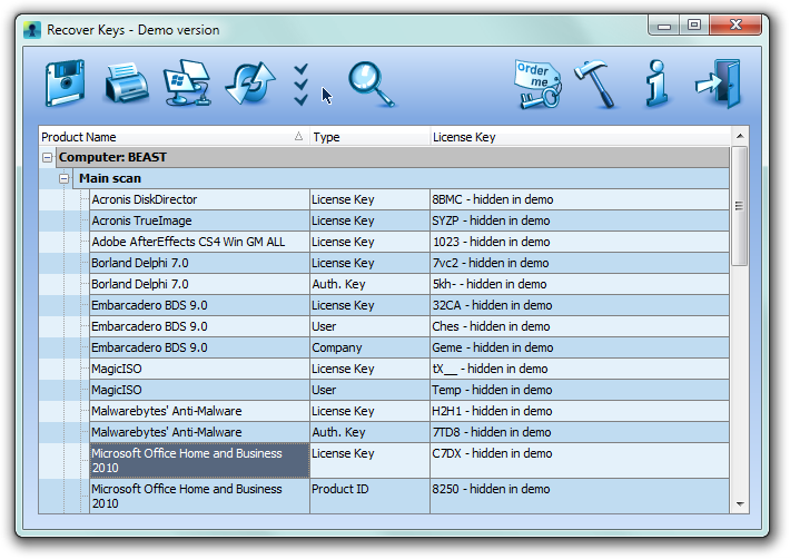 Recover Keys Main window