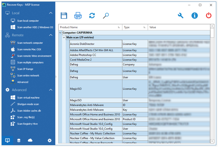 Main dialog of Recover Keys program