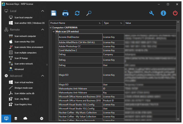 Main dialog of Recover Keys program after scanning network computers